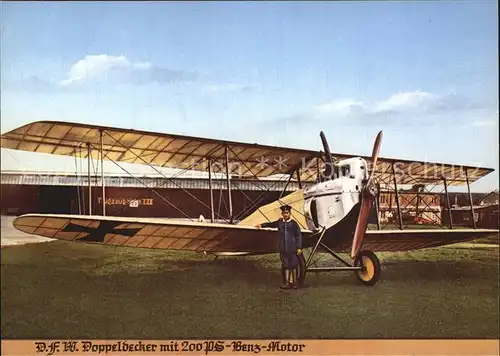 AK / Ansichtskarte Flugzeuge Zivil D.F.W. Doppeldecker 200PS Benz Motor  Kat. Airplanes Avions