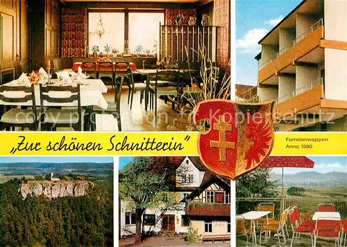 AK / Ansichtskarte Romansthal Oberfranken Gasthof Zur schoenen Schnitterin Gastraum Terrasse Felsmassiv Kat. Bad Staffelstein