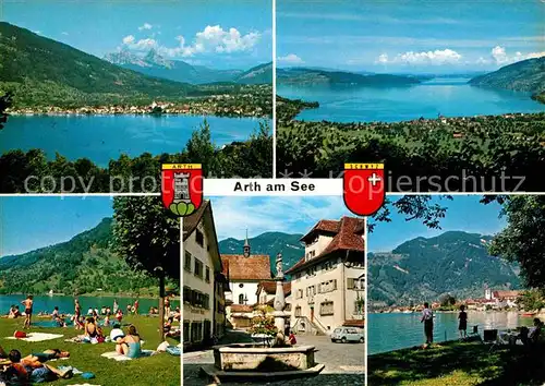 AK / Ansichtskarte Arth SZ Panorama Zugersee Liegewiese Dorfbrunnen Kat. Arth