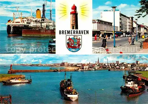 AK / Ansichtskarte Bremerhaven Hochseedampfer Hafen Strassenpartie Leuchtturm Wappen Kat. Bremerhaven