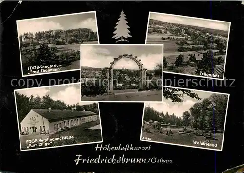 AK / Ansichtskarte Friedrichsbrunn Harz FDGB Sanatorium Ernst Thaelmann FDGB Verpflegungsstaette Kurt Dillge Waldfreibad Panorama Kat. Friedrichsbrunn