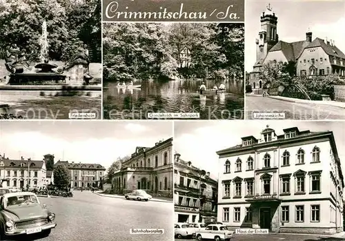 AK / Ansichtskarte Crimmitschau Friedenshain Gondelteich Sahnpark Johanneskirche Haus der Einheit Bahnhofsvorplatz Kat. Crimmitschau