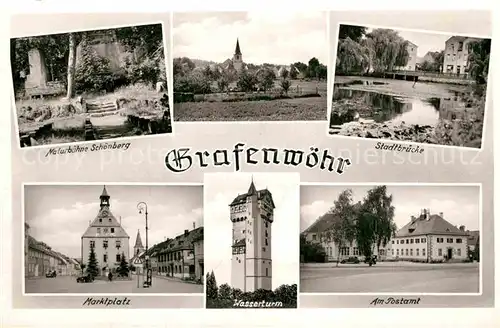 AK / Ansichtskarte Grafenwoehr Postamt Marktplatz Wasserturm Schoenberg Stadtbruecke Kat. Grafenwoehr