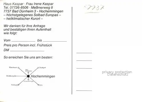 AK / Ansichtskarte Duerrheim Bad Haus Kaspar Antwortkarte Kat. Bad Duerrheim