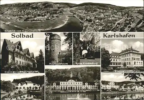 AK / Ansichtskarte Karlshafen Bad Blick vom Hugenottenturm Eisenbahner Erholungsheim Ruine Kruckenburg Kindererholungsheim Hotel Zum Schwan Rathaus Neue Schule Kat. Bad Karlshafen