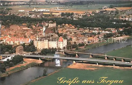AK / Ansichtskarte Torgau Renaissancestadt mit alter und neuer Elbebruecke Fliegeraufnahme Kat. Torgau