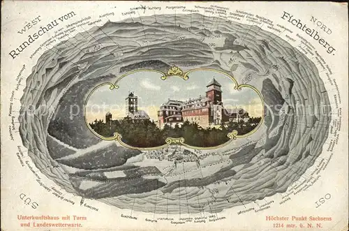 AK / Ansichtskarte Oberwiesenthal Erzgebirge Rundschau vom Fichtelberg Unterkunftshaus Aussichtsturm Wetterwarte Kat. Oberwiesenthal