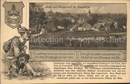 AK / Ansichtskarte Lauterbach Erzgebirge Ortsansicht mit Kirche Landwirtschaft Lauterbacher Strumpf Lied Kat. Marienberg