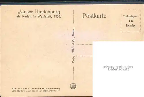 AK / Ansichtskarte Militaria Generaele Stab Deutschland Hindenburg als Kadett in Whalstatt  / Militaria /