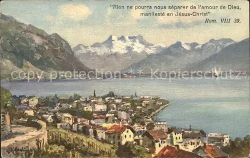AK / Ansichtskarte Montreux VD Panorama Lac Leman Dents du Midi Genfersee Alpen Kuenstlerkarte Kat. Montreux