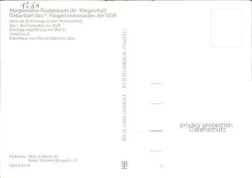 AK / Ansichtskarte Rautenkranz Vogtland Geburtsort des 1. Fliegerkosmonauten der DDR Stele Ausstellung MiG 21 Kampfflugzeug Ortsansicht Elternhaus von Oberst Sigmund Jaehn Kat. Morgenroethe Rautenkranz