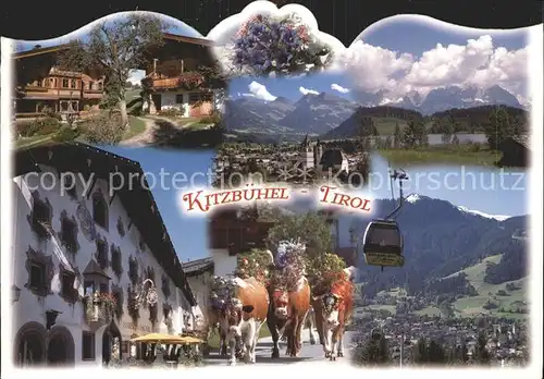 AK / Ansichtskarte Kitzbuehel Tirol Teilansichten Fassadenmalerei Almabtrieb Kuehe Bergbahn Alpenpanorama Kat. Kitzbuehel