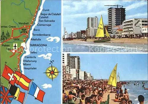 AK / Ansichtskarte Tarragona Calafell Playa Strand Hotels Landkarte Kueste Flaggen Kat. Costa Dorada Spanien
