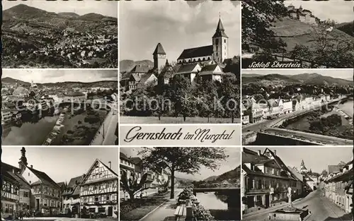 AK / Ansichtskarte Gernsbach Murgtal Kirche Schloss Eberstein Uferpromenade Fachwerkhaeuser Brunnen Bromsilber Kat. Gernsbach