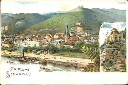 AK / Ansichtskarte Bad Schandau Ortsansicht mit Kirche Schlossbastei Elbsandsteingebirge Elbe Dampfer Litho Kat. Bad Schandau