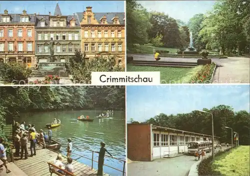 AK / Ansichtskarte Crimmitschau Marktbrunnen Friedenspark Gondelteich im Sahnpark Kunsteisstadion Kat. Crimmitschau
