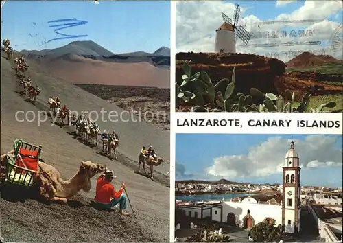 AK / Ansichtskarte Lanzarote Kanarische Inseln Vulkaninsel Kamelreiten Windmuehle Kirche