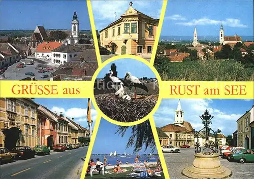 AK / Ansichtskarte Rust Neusiedlersee Rathausplatz Fischerkirche Buergerhaus Strassenpartie See Brunnen Stoerche Kat. Burgenland