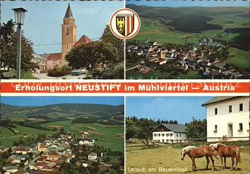 AK / Ansichtskarte Neustift Muehlkreis Kirche Urlaub am Bauernhof Haflinger Pferde Fliegeraufnahme Kat. Neustift im Muehlkreis
