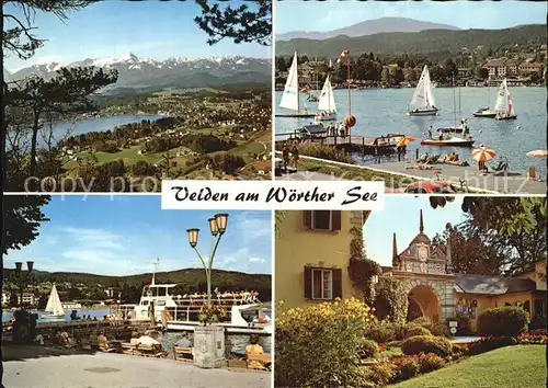 AK / Ansichtskarte Velden Woerther See Alpenseebad Mittagskogel Karawanken Julische Alpen Segeln Anleger Promenade Schlosshotel Kat. Velden am Woerther See