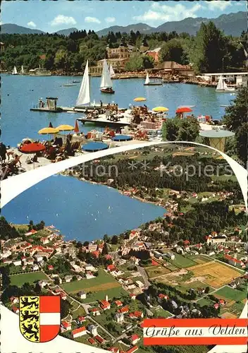 AK / Ansichtskarte Velden Woerther See Uferpromenade Badesteg Segeln Fliegeraufnahme Kat. Velden am Woerther See