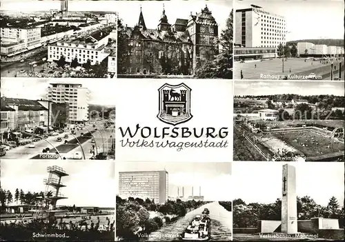 AK / Ansichtskarte Wolfsburg Volkswagenstadt Porschestrasse Schloss Rathaus Kulturzentrum Schwimmbad Vertriebenen Mahnmal VW Werk Kat. Wolfsburg