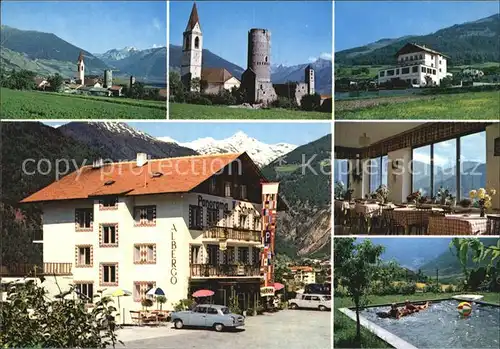 AK / Ansichtskarte Mals Suedtirol Gasthof Panorama Restaurant Swimming Pool Ortsansicht mit Kirche Turm Kat. Mals Vinschgau