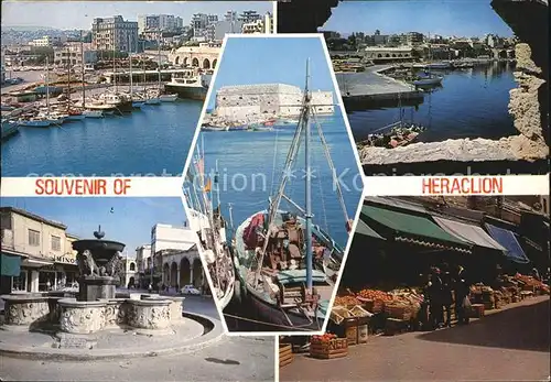 AK / Ansichtskarte Heraclion Iraklio Hafen Brunnen Fischerboot Markt Kat. Heraklion Insel Kreta