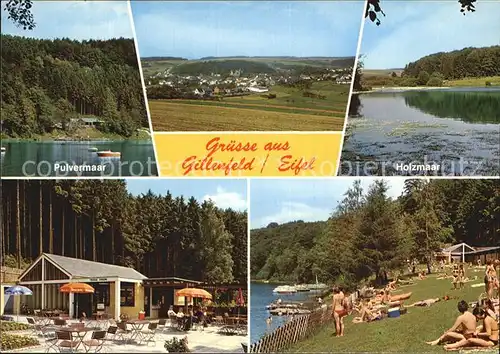 AK / Ansichtskarte Gillenfeld Eifel Pulvermaar See Holzmaar Strandbad Gaststaette