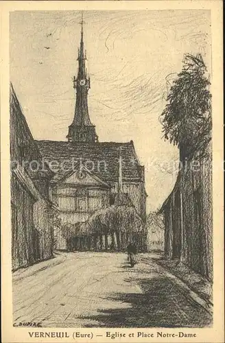 AK / Ansichtskarte Verneuil sur Avre Eglise et Place Notre Dame Dessin Kuenstlerkarte Kat. Verneuil sur Avre