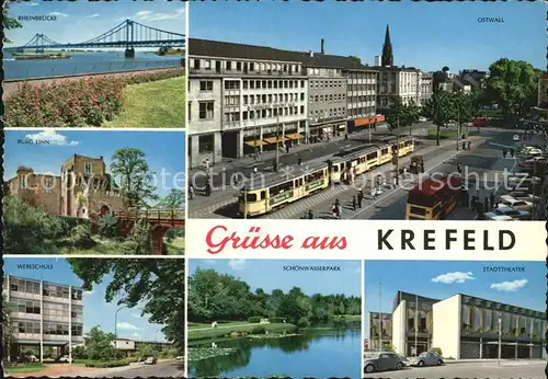 AK / Ansichtskarte Krefeld Rheinbruecke Ostwall Burg Linn Webeschule Schoenwasserpark Stadttheater Kat. Krefeld
