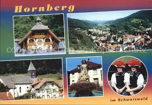 AK / Ansichtskarte Hornberg Schwarzwald Uhrenspiele Haus Panorama Kirche Brunnen Schwarzwaelder Trachtenmaedchen Kat. Hornberg