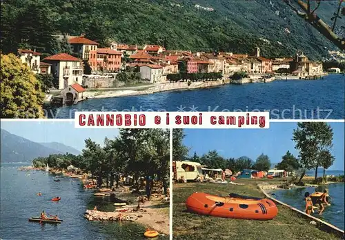 AK / Ansichtskarte Cannobio Lago Maggiore Haeuserpartie am Wasser Strand Campingplatz Kat. Italien
