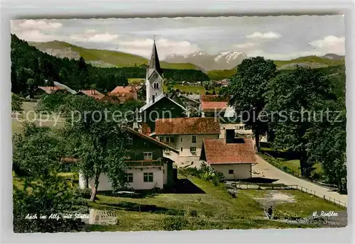 AK / Ansichtskarte Aach Oberstaufen Ortsansicht mit Kirche mit Blick zum Saentis Kat. Oberstaufen