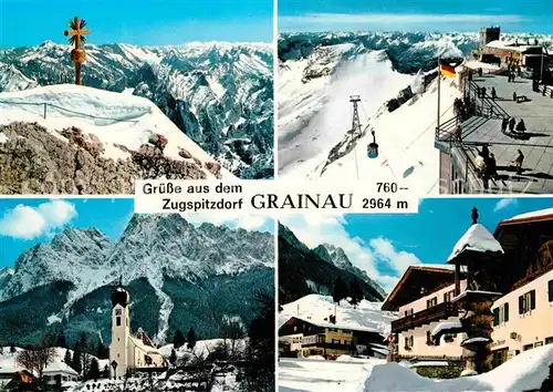 AK / Ansichtskarte Grainau Dorfpartien Kirche Brunnen Zugspitze Gipfelkreuz Muenchnerhaus Alpenpanorama Kat. Grainau