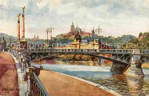 AK / Ansichtskarte Prag Prahy Prague Novy Most Svatopluka Cecha Bruecke Moldau Prager Burg Kuenstlerkarte J. Jedlicky Aquarell Kat. Praha