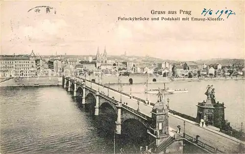 AK / Ansichtskarte Prag Prahy Prague Palackybruecke und Podskall mit Emauz Kloster Moldau Kat. Praha