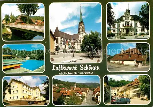AK / Ansichtskarte Schoenau Schwarzwald Kirche Schwimmbad Bruecke Teilansicht  Kat. Schoenau im Schwarzwald
