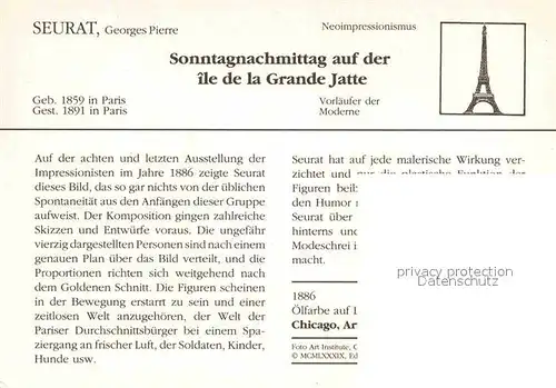 AK / Ansichtskarte Kuenstlerkarte Georges Pierre Seurat Sonntagnachmittag auf der Ile de la Grande Jatte 1886 Neoimpressionismus Kat. Kuenstlerkarte