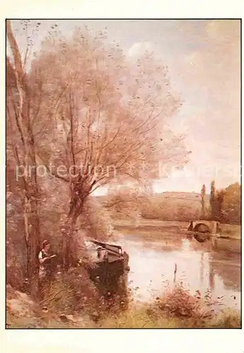 AK / Ansichtskarte Kuenstlerkarte Jean Baptiste Camille Corot Die Lesende am Fluss 1865 Naturalismus Kat. Kuenstlerkarte