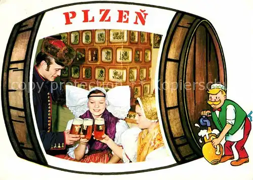 AK / Ansichtskarte Plzen Pilsen Bierfass Karikatur Gaststube Trachten Kat. Plzen Pilsen