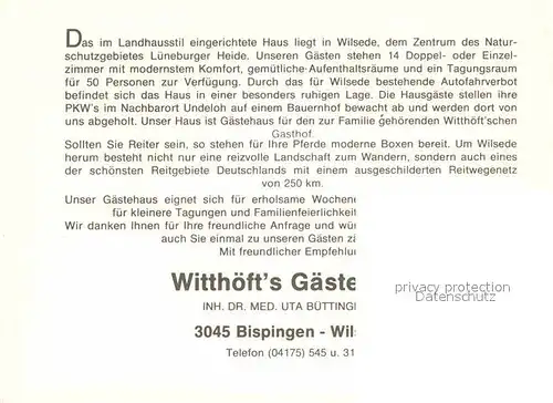 AK / Ansichtskarte Wilsede Lueneburger Heide Witthoeft s Gaestehaus Landhaus Naturschutzgebiet Kat. Bispingen