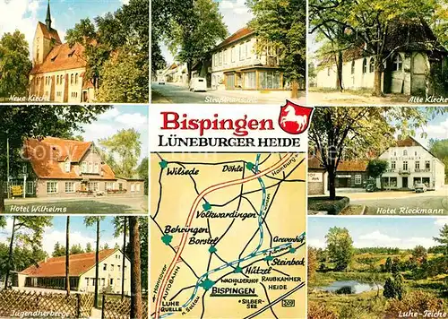 AK / Ansichtskarte Bispingen Kirchen Hotels Jugendherberge Luhe Teich Strassenpartie Landkarte Kat. Bispingen Lueneburger Heide