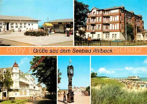 AK / Ansichtskarte Ahlbeck Ostseebad Strandpromenade FDGB Erholungsheime Karl Buerger und Bernhard Goering Stranduhr Seebruecke Kat. Heringsdorf Insel Usedom