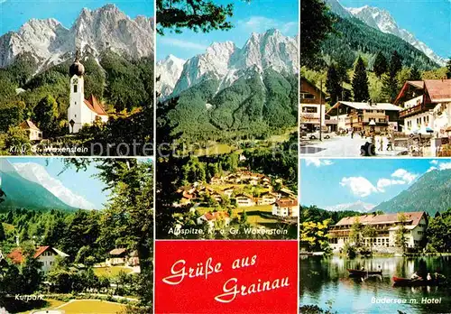 AK / Ansichtskarte Grainau Kirche Dorfplatz Kurplatz Badersee Hotel Waxenstein Alpspitze Wettersteingebirge Kat. Grainau