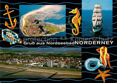 AK / Ansichtskarte Norderney Nordseebad Fliegeraufnahme Segelschiff Anker Seepferdchen Meerjungfrau Kat. Norderney