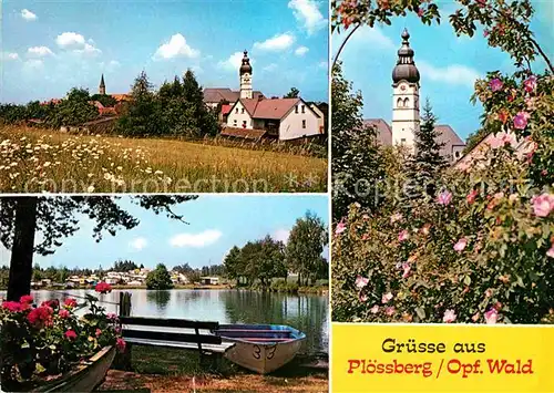 AK / Ansichtskarte Ploessberg Oberpfalz Ortsansicht mit Kirche See Luftkurort Baumbluete Kat. Ploessberg