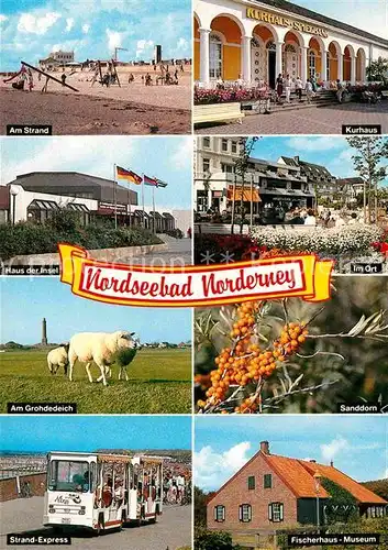 AK / Ansichtskarte Norderney Nordseebad Strand Kurhaus Haus der Insel Ortsmotiv Deich Schafe Sanddorn Strandexpress Touristenbahn Fischerhaus Museum Kat. Norderney