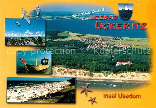AK / Ansichtskarte ueckeritz Usedom Fliegeraufnahme Moewen Fischkutter Strand Kat. ueckeritz Usedom