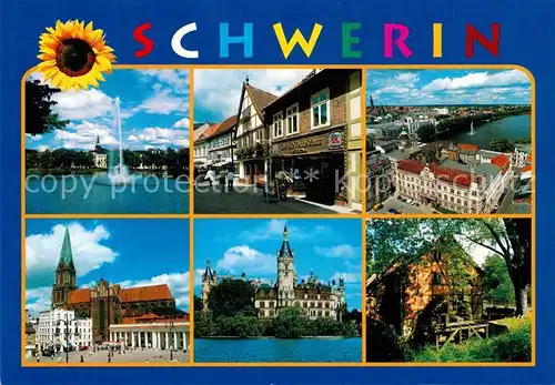 AK / Ansichtskarte Schwerin Mecklenburg See Fontaene Marktplatz Kirche Schloss Muehle Wasserrad Sonnenblume Kat. Schwerin
